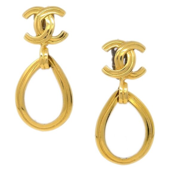 Chanel Dangle Hoop Earrings Gold Clip-On 96P 182420 - Picture 1 of 4